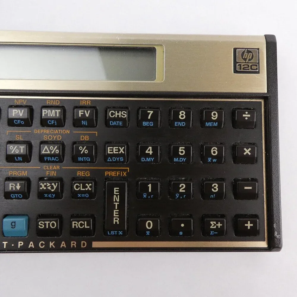 HP 12C Financial Calculator 10-Digit LCD With Case and Batteries Gold Faceplate